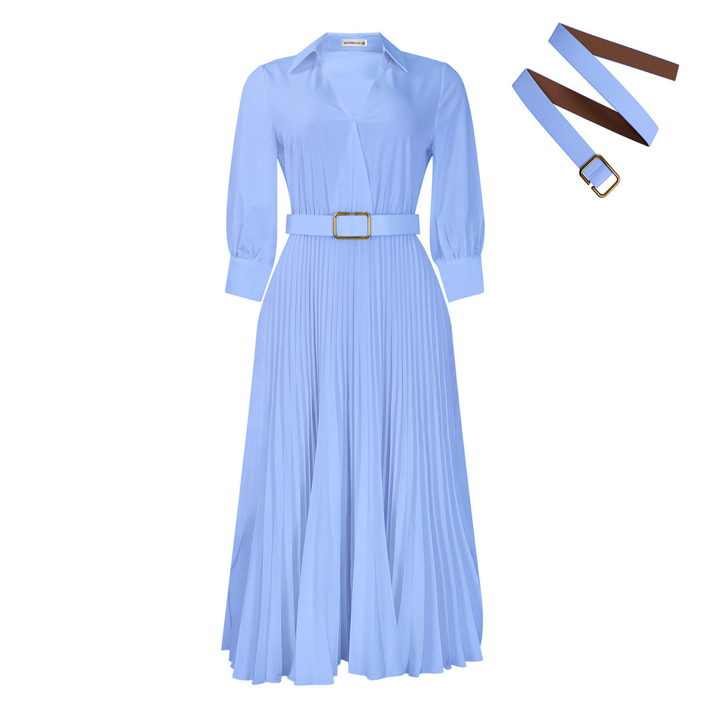 C8622export women's clothing new arrivalelegancelongpleateddressfashionv neckfashionpure color cross-border dress