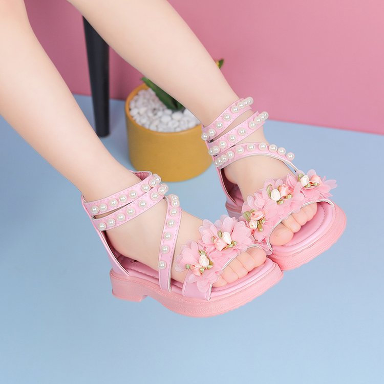 Children's beach shoes breathable summer girls flowers sweet cute sandals soft-soled Roman shoes middle older children princess shoes
