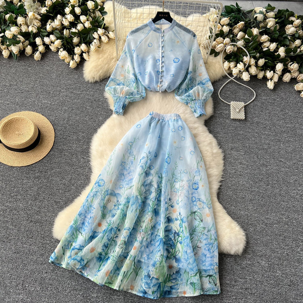 European and american style women's two-piece set: elegant lantern sleeve button-up slim-fit top with high-waisted printed mesh skirt