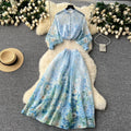 European and american style women's two-piece set: elegant lantern sleeve button-up slim-fit top with high-waisted printed mesh skirt