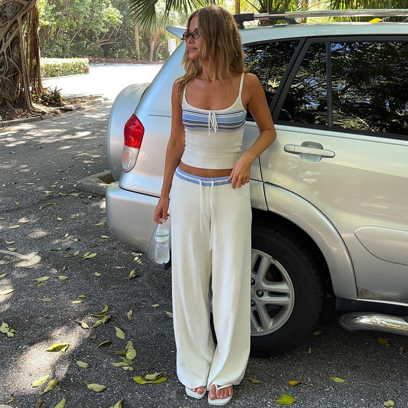 Summer American retro striped casual suit woolen suspender top contrasting color loose lace-up trousers two-piece set women