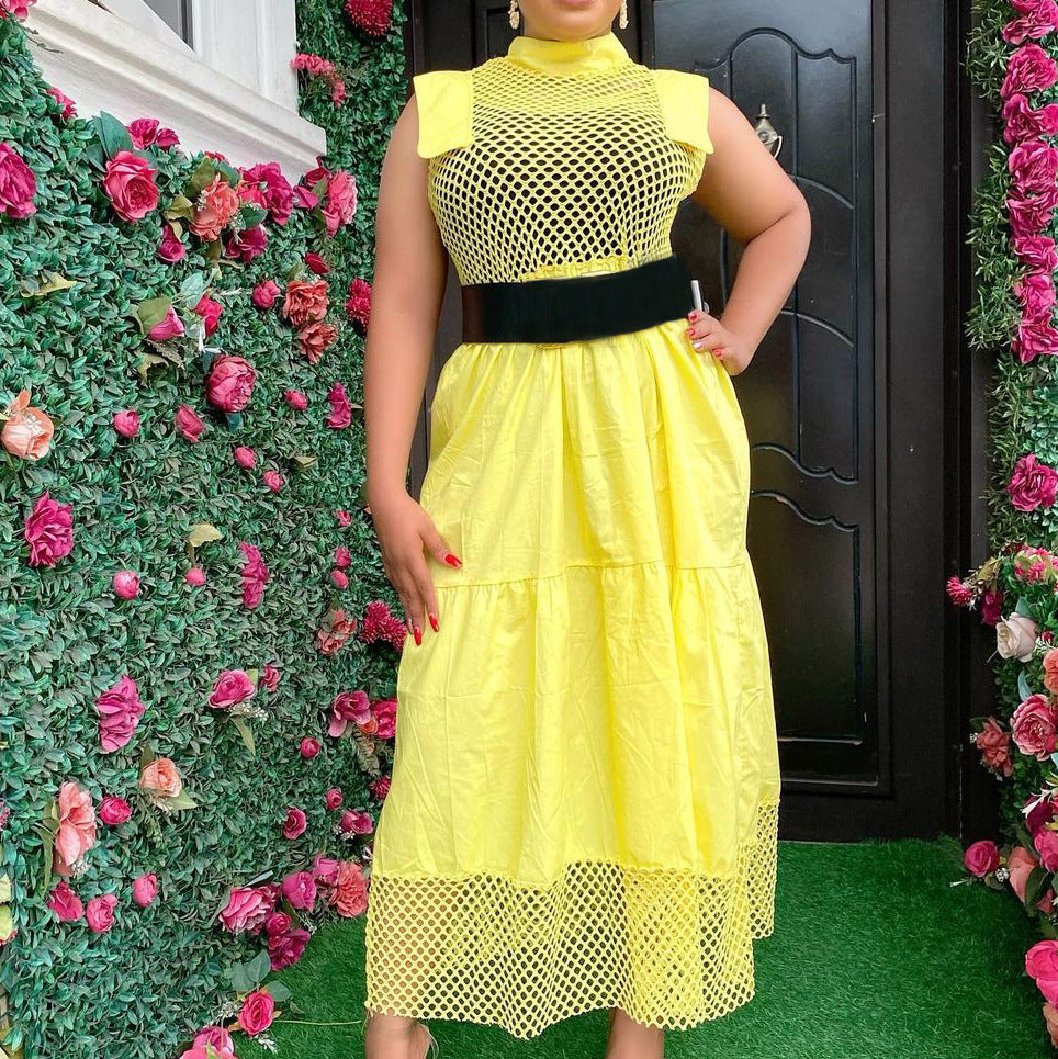 D192 summer chic commute sexy cutout cotton high-waisted mesh panel solid color plus size export fashion dress