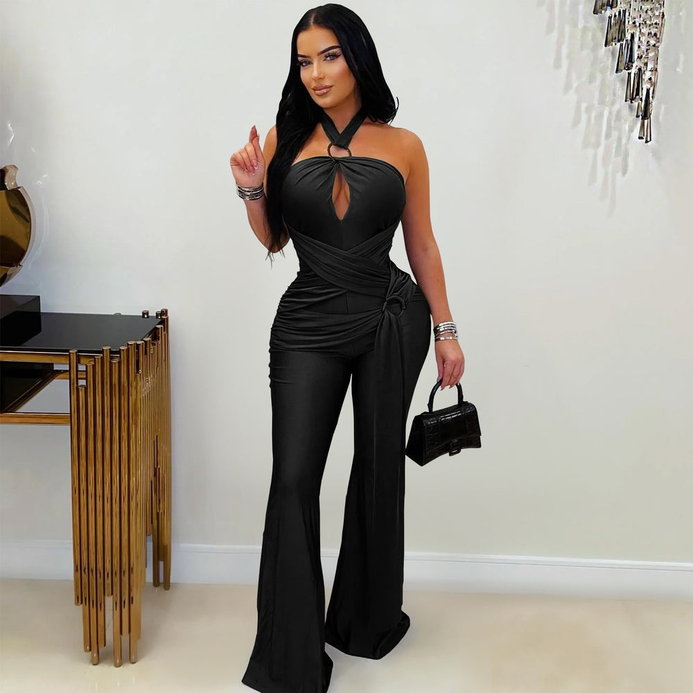 C7570 cross-border   fashion women's solid color elegant halter wide leg sleeveless jumpsuit