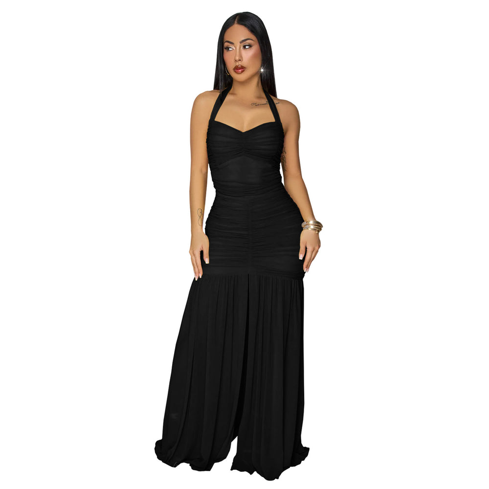 C7656 cross-border   fashion women's elegant solid color bodycon slit dress
