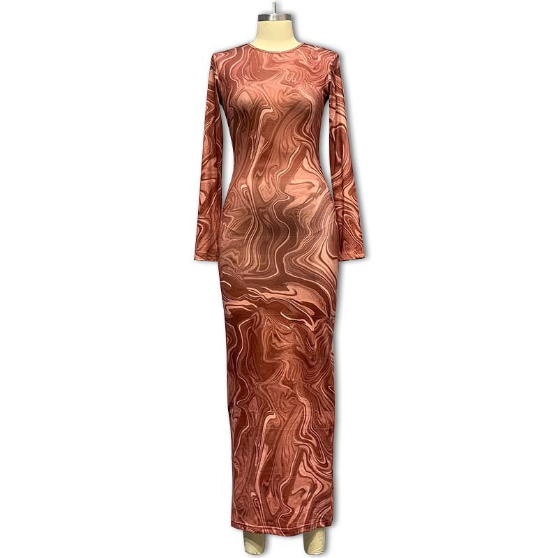 European and american style cross-border women's clothing  autumn new long-sleeved dress printed round neck slim fit midi dress for women