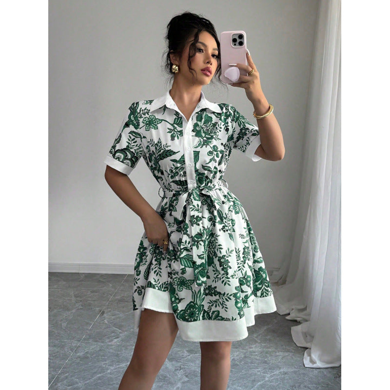 Ready stock  new arrival: minimalist chic tie-waist printed short-sleeve dress