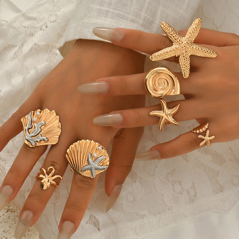 Starfish ring wholesale european and american cross-border jewelry ocean style ins high-end ring 7-piece set conch open ring