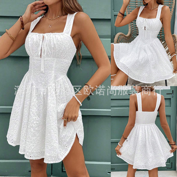 's new summer embroidery, white pleated suspender vest, short bubble skirt, elegant party dress