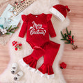 christmas girl's cute letter print long-sleeve romper + flare pants + hat three-piece christmas set