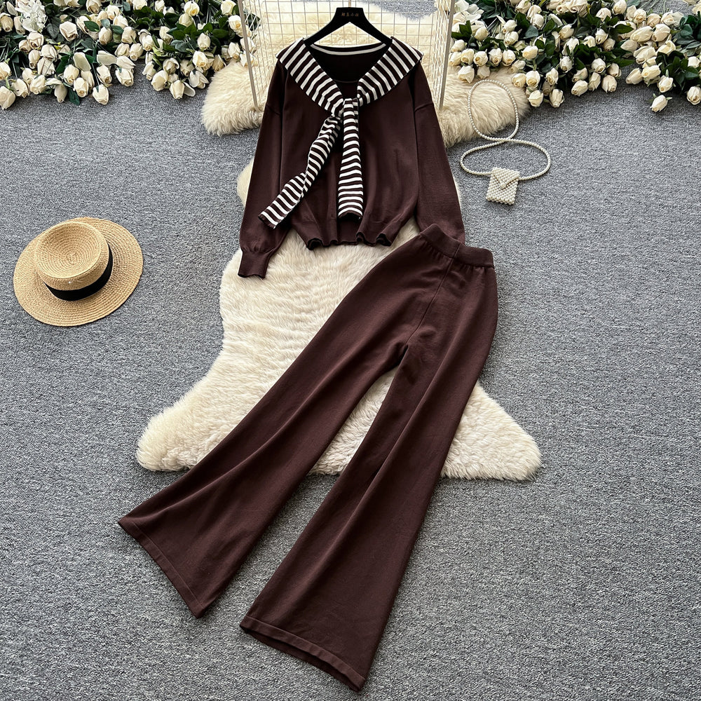 Women's casual knit set: autumn oversized loungewear - striped knit top & wide-leg pants