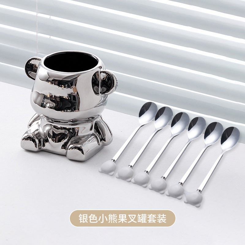 Ceramic bear stainless steel fruit fork set - stylish fruit picks, home use, light luxury forks and spoons, wholesale fruit forks