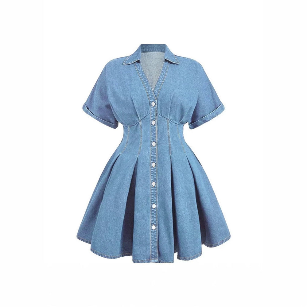 summereleganceelegantretrowork clothingfashiontrendy denim skirt waist v neck short sleeve women's dress