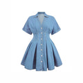 summereleganceelegantretrowork clothingfashiontrendy denim skirt waist v neck short sleeve women's dress