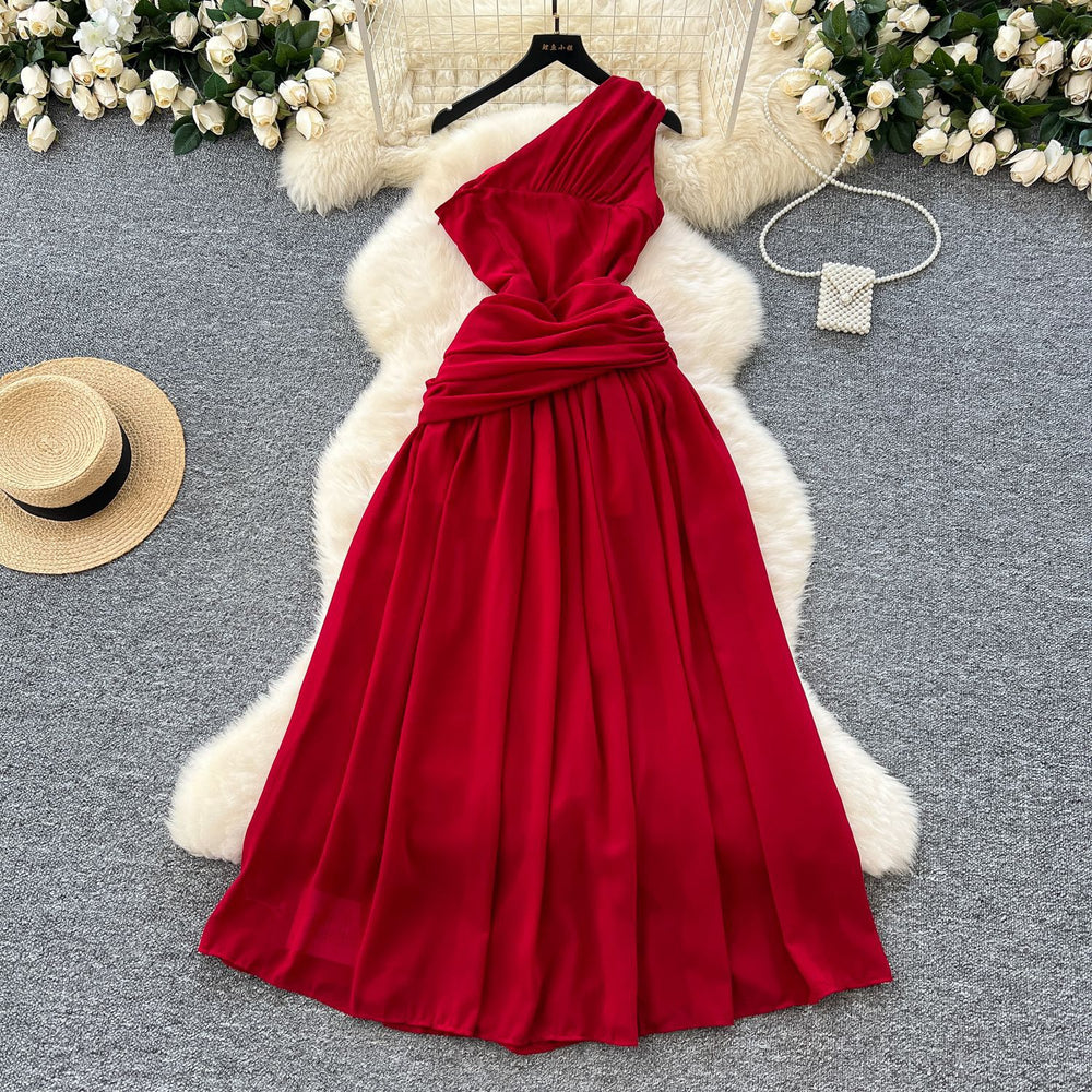 Vacation style dresssummernew arrival socialite stereo flower oblique collar off-shoulder sleeveless waist draped large swing long skirt