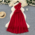 Vacation style dresssummernew arrival socialite stereo flower oblique collar off-shoulder sleeveless waist draped large swing long skirt