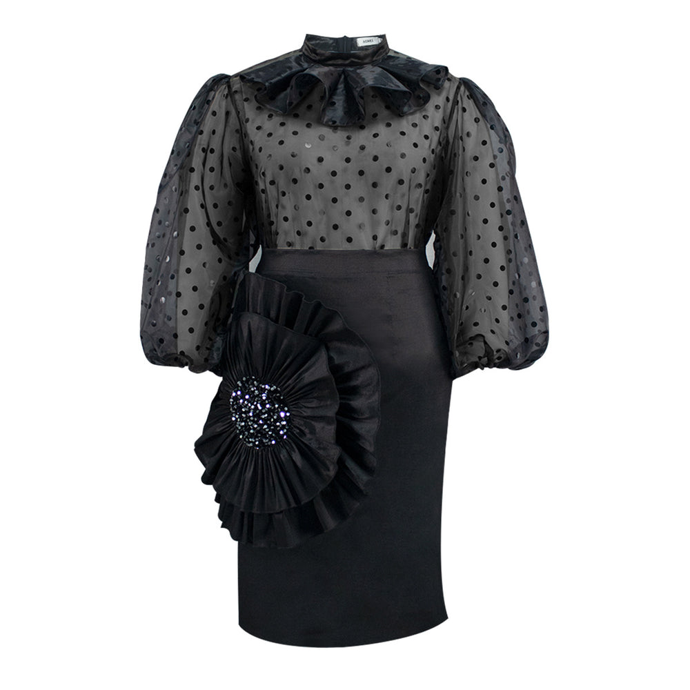 Sexy see-through polka dot mesh blouse suit stereo florals skirt two-piece set two-piece set