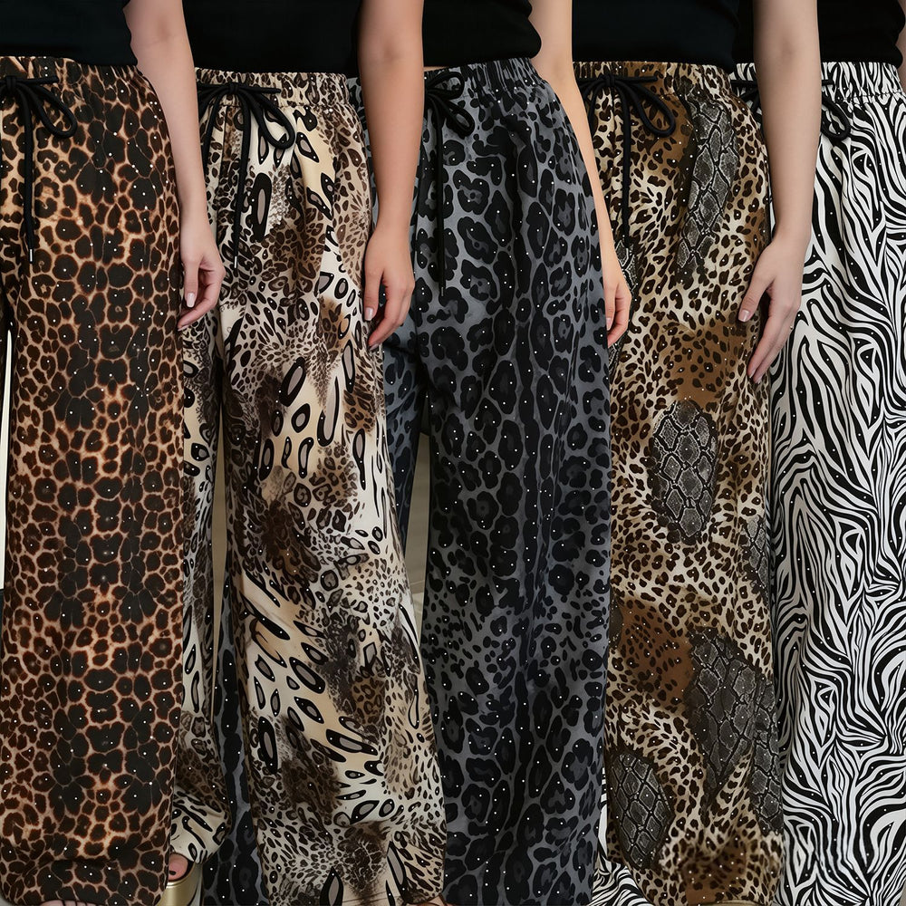 C7768 cross-border  new women's rhinestone drawstring wide-leg pants, vintage animal print casual trousers