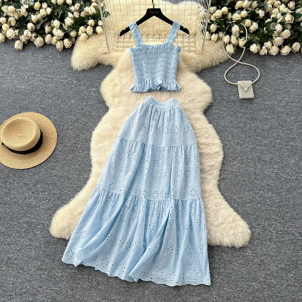 Super fairy vacation wear women's summer wear pure desire elastic silm camisole cut outembroiderhigh waist skirt suit