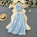Super fairy vacation wear women's summer wear pure desire elastic silm camisole cut outembroiderhigh waist skirt suit