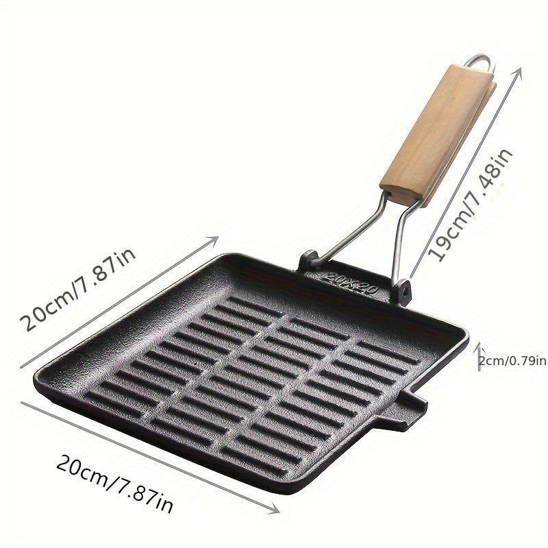 Cast iron pan Cast iron striped steak frying pan Wooden handle folding frying pan Factory direct cast iron striped frying pan