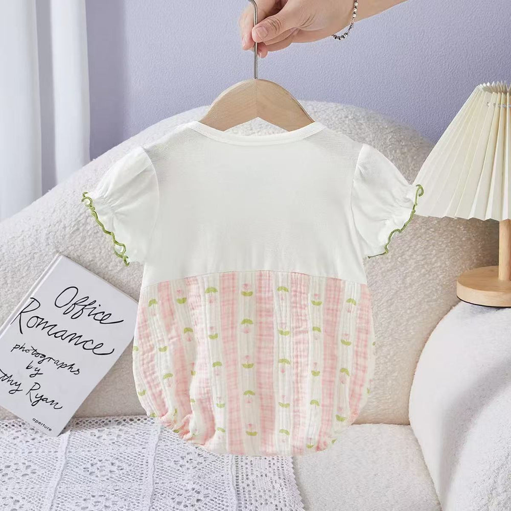 Girls' summer bodysuit new style korean style little rabbit baby girl thin clothes short sleeve chic children's clothing