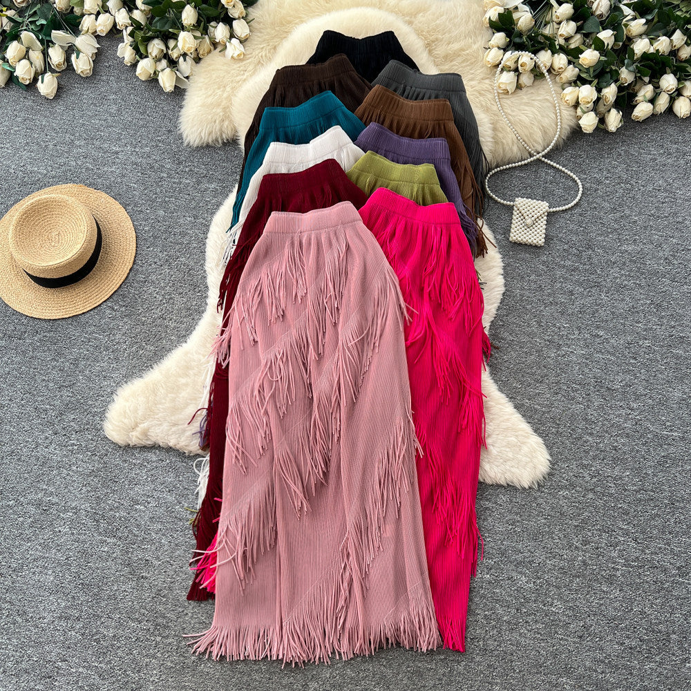 Korean style tassel trim a-line midi skirt - women's 2026 summer high-waisted commute chic tassel skirt