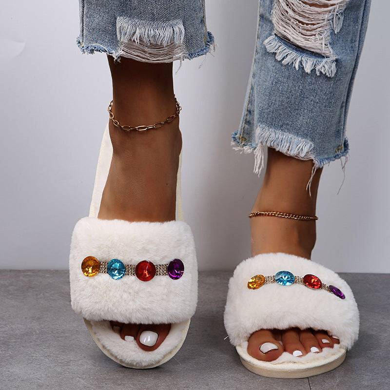 Fuzzy slippers - autumn/winter rhinestone 2024 new collection - open toe, wearable outdoors, cute and girly, cotton slippers, flat heel, comfortable slides