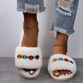 Fuzzy slippers - autumn/winter rhinestone 2024 new collection - open toe, wearable outdoors, cute and girly, cotton slippers, flat heel, comfortable slides