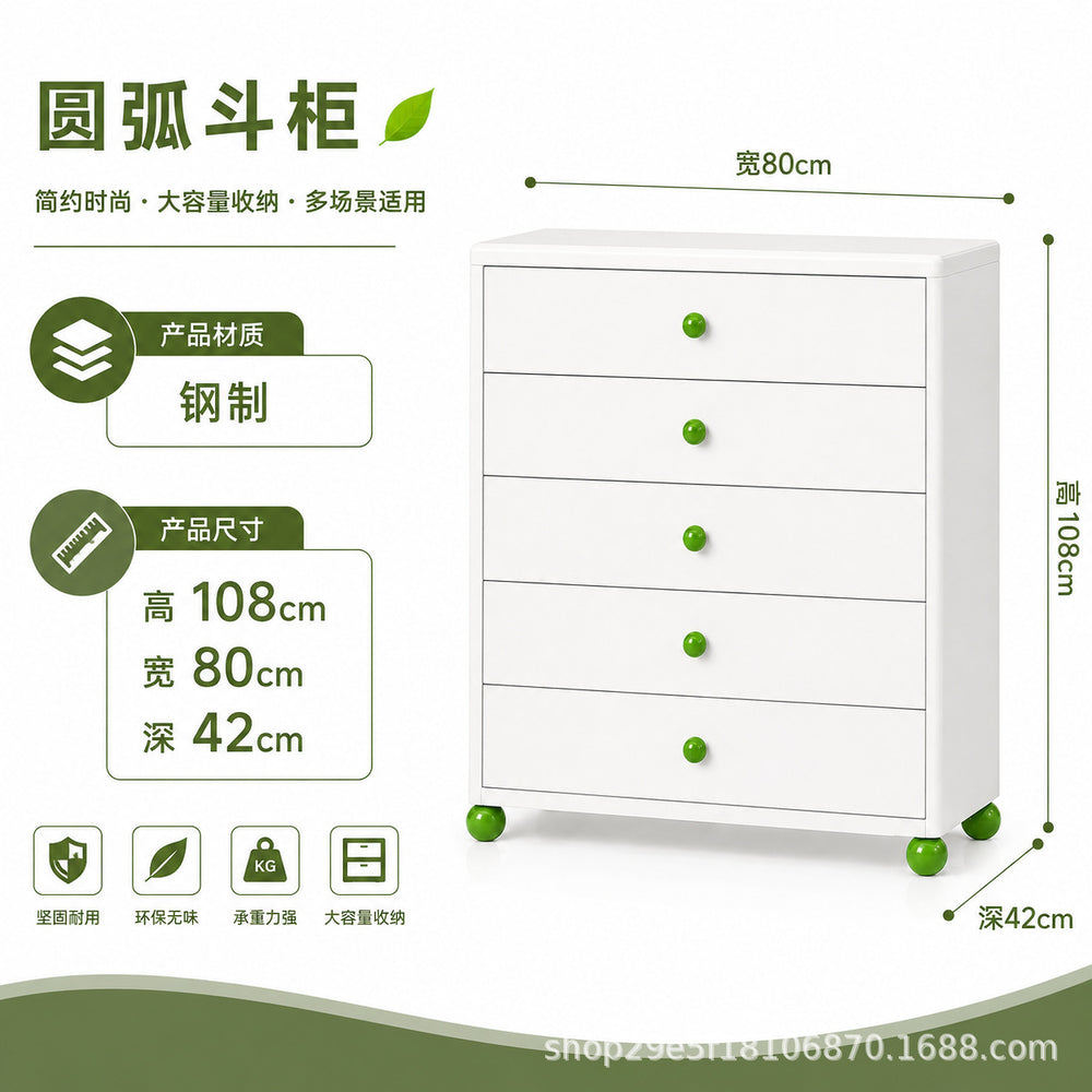 new steel low cabinet with rounded corners, freestanding five-drawer unit, wall-mounted integrated storage cabinet, kids' organizer