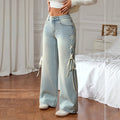 Fashionjeans women's side straps washed high waist wide leg jeans drapedlooseslimming lookmoppants