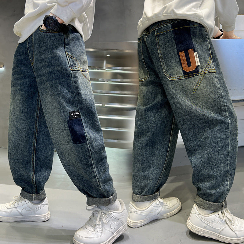 Boys' spring pants: new  denim jeans for spring and autumn, kids' trousers, trendy boys' street style pants, loose fit korean style