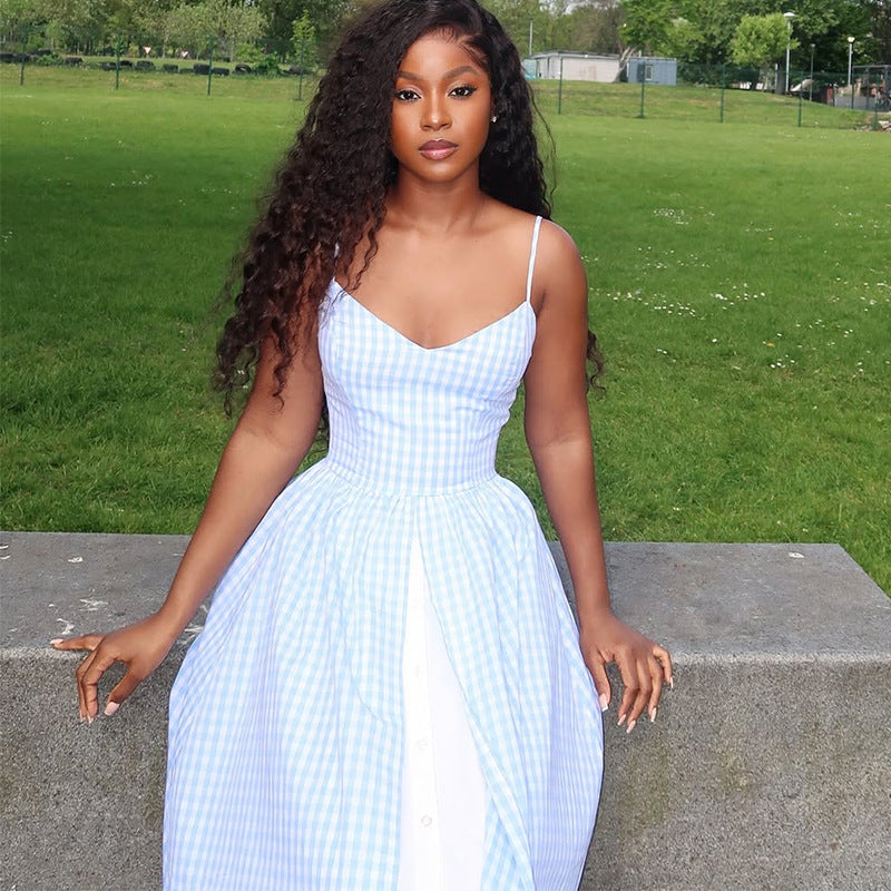 European and american cross-border women's fashion  summer new arrival: elegant, fresh, blue plaid patchwork vacation sundress