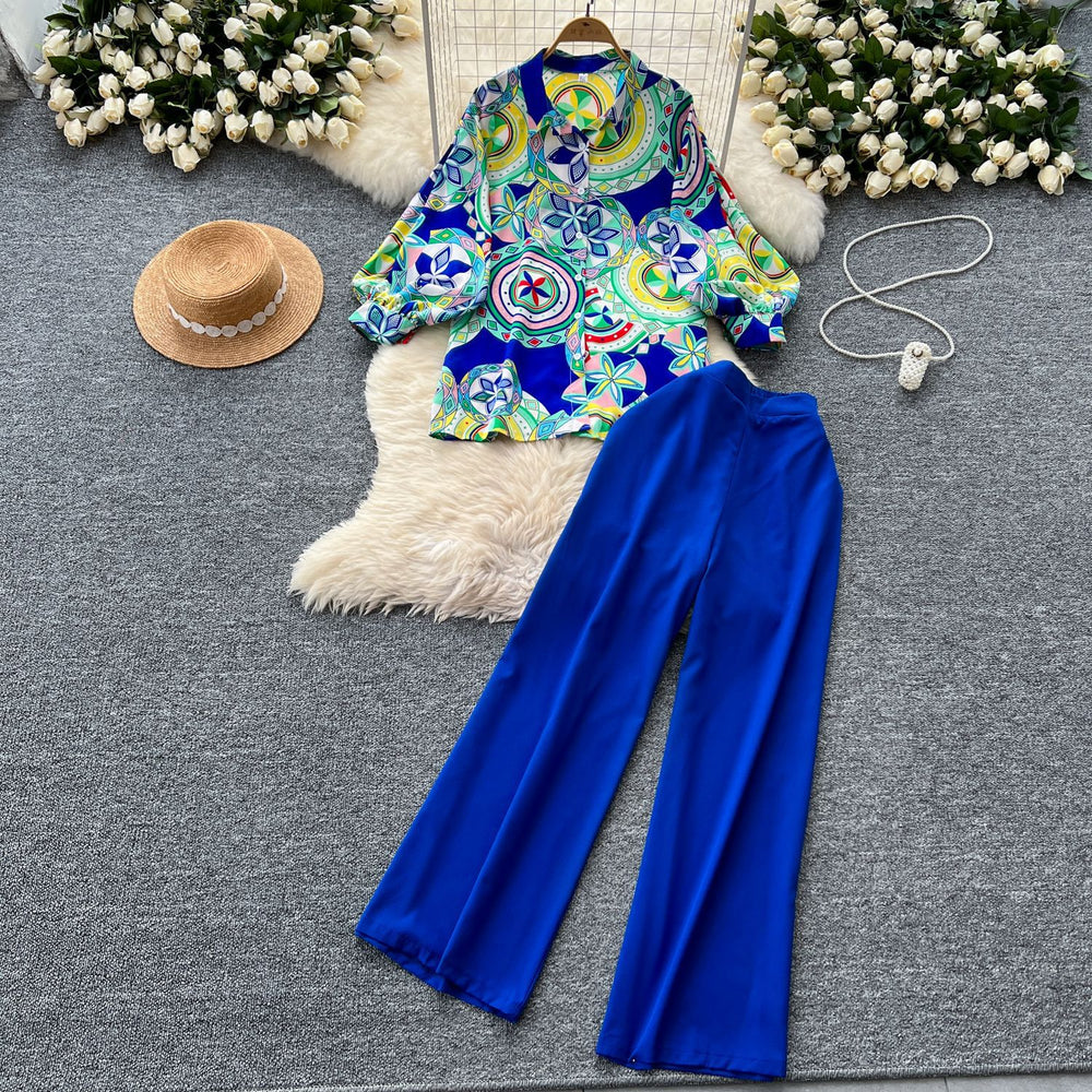 European and american niche style lantern sleeve printed blouse and high-waisted wide-leg casual pants two-piece set - autumn collection