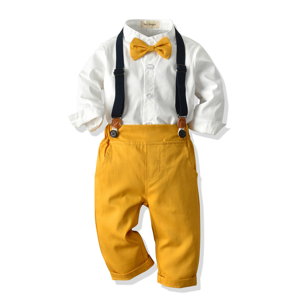 Children's clothing fall and winter new products boys white shirt stand collar long sleeves overalls pants suit gentleman babysuit wholesale
