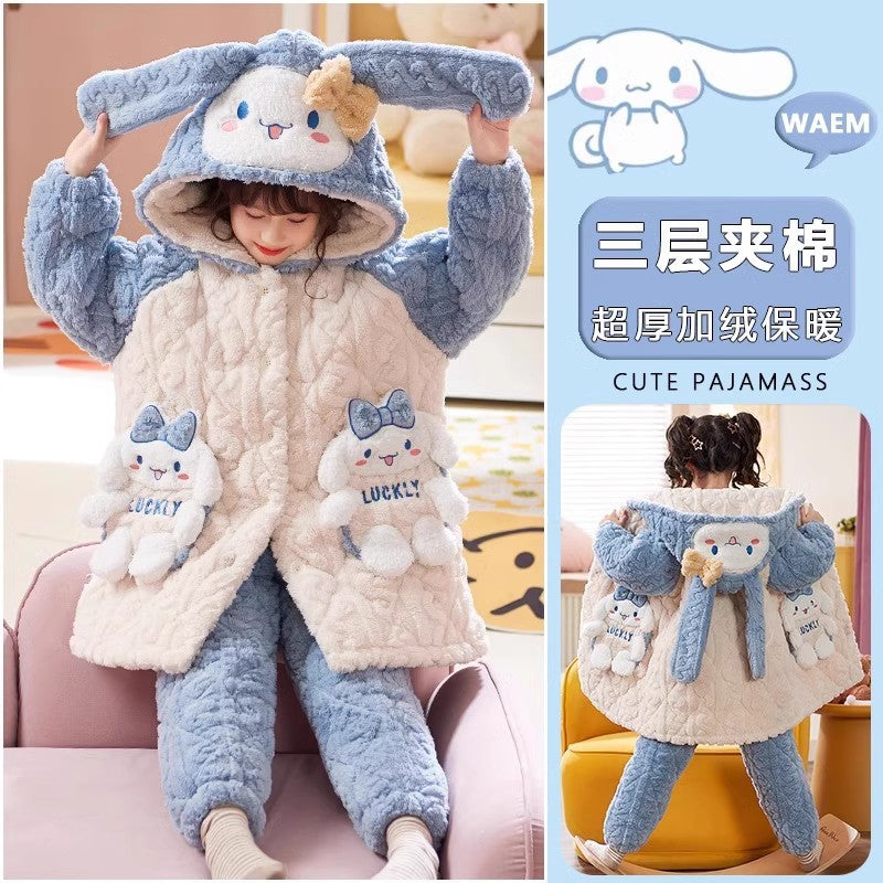 Three-layer quilted thickened pajamas winter boys coral velvet girls three-layer quilted thickened heattech home clothes baohou