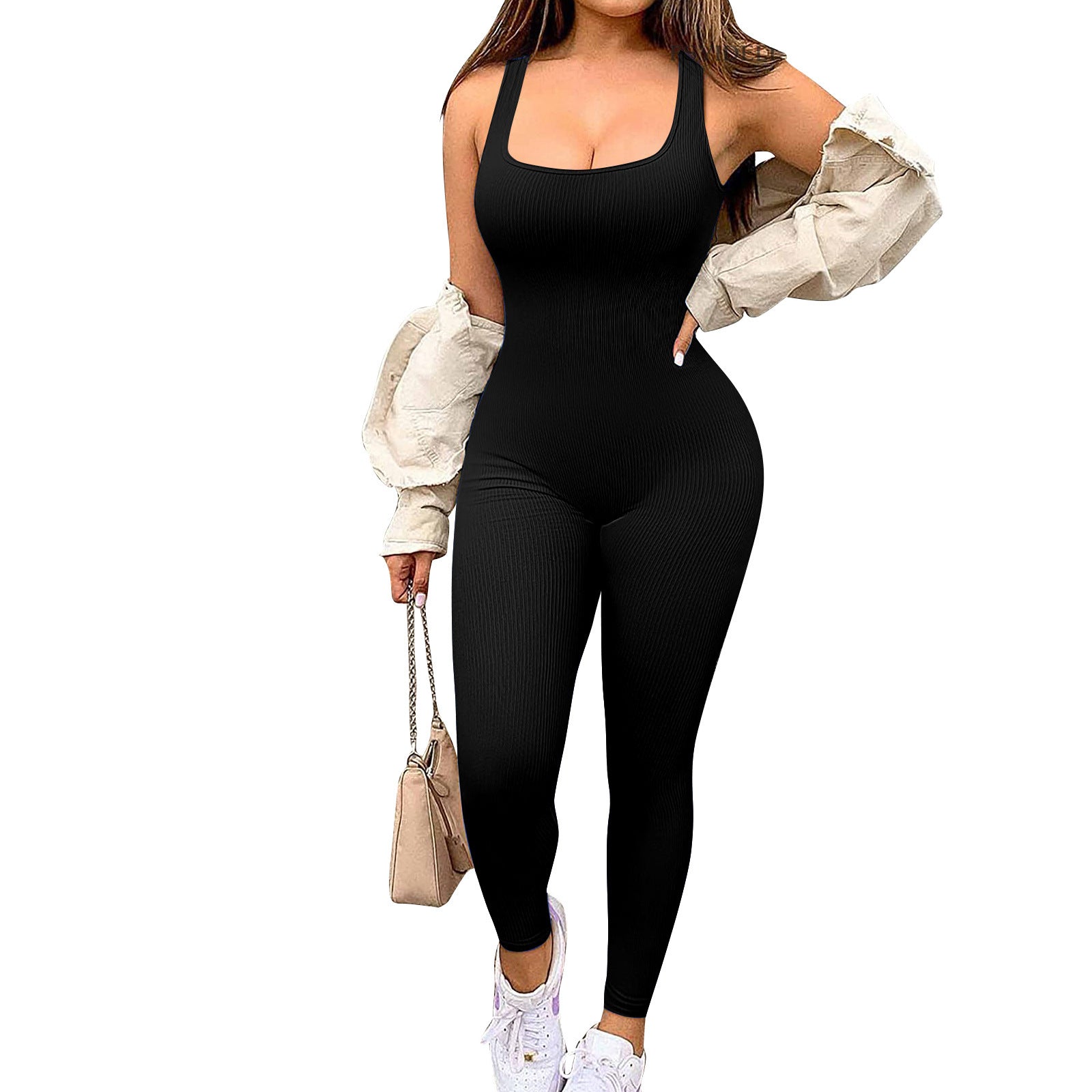 2024 Foreign Trade Women's Solid Color Sleeveless Vest onesie Threaded square neck backless hip lift slim-fit sports jumpsuit