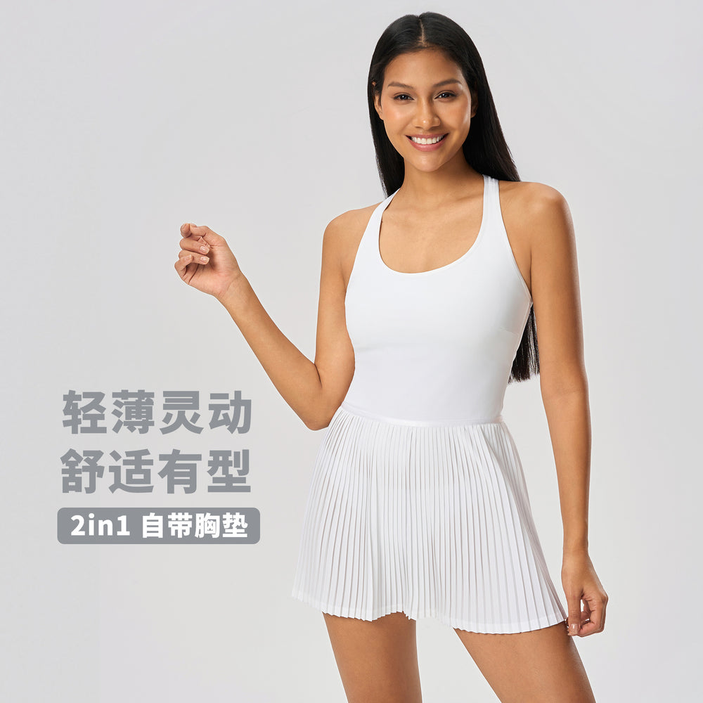 New women's backless sports dress with built-in bra pads, yoga tank dress, cool & breathable tennis pleated skirt d25028