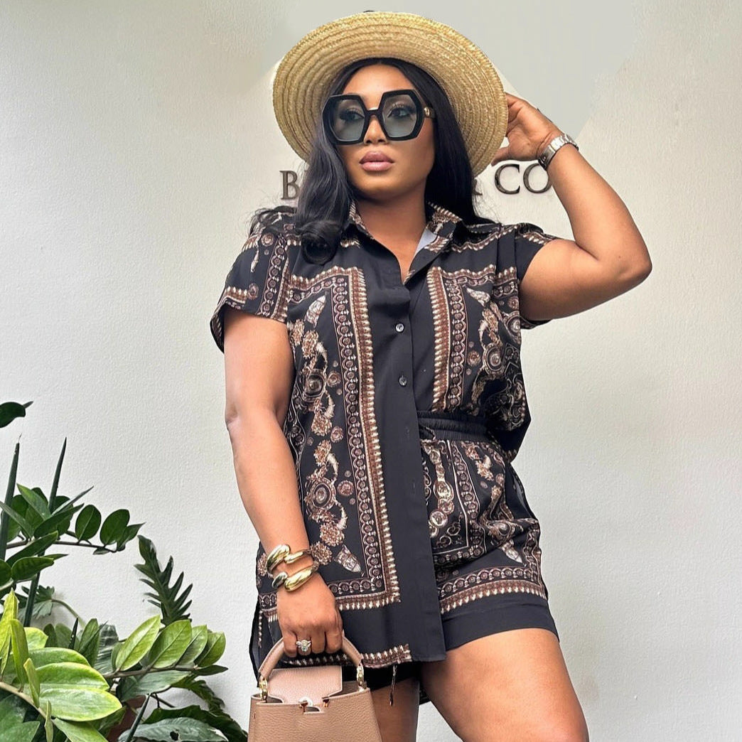 Cross-border European and American women's clothing loose short-sleeved shirt casual shorts women's African cardigan positioning printing new set