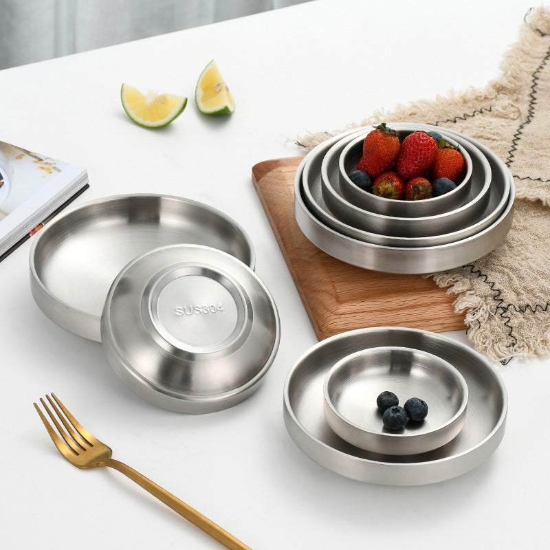 304 korean style double-layer stainless steel sauce dish, round barbecue plate, snack dish, korean bbq dipping dish for home use