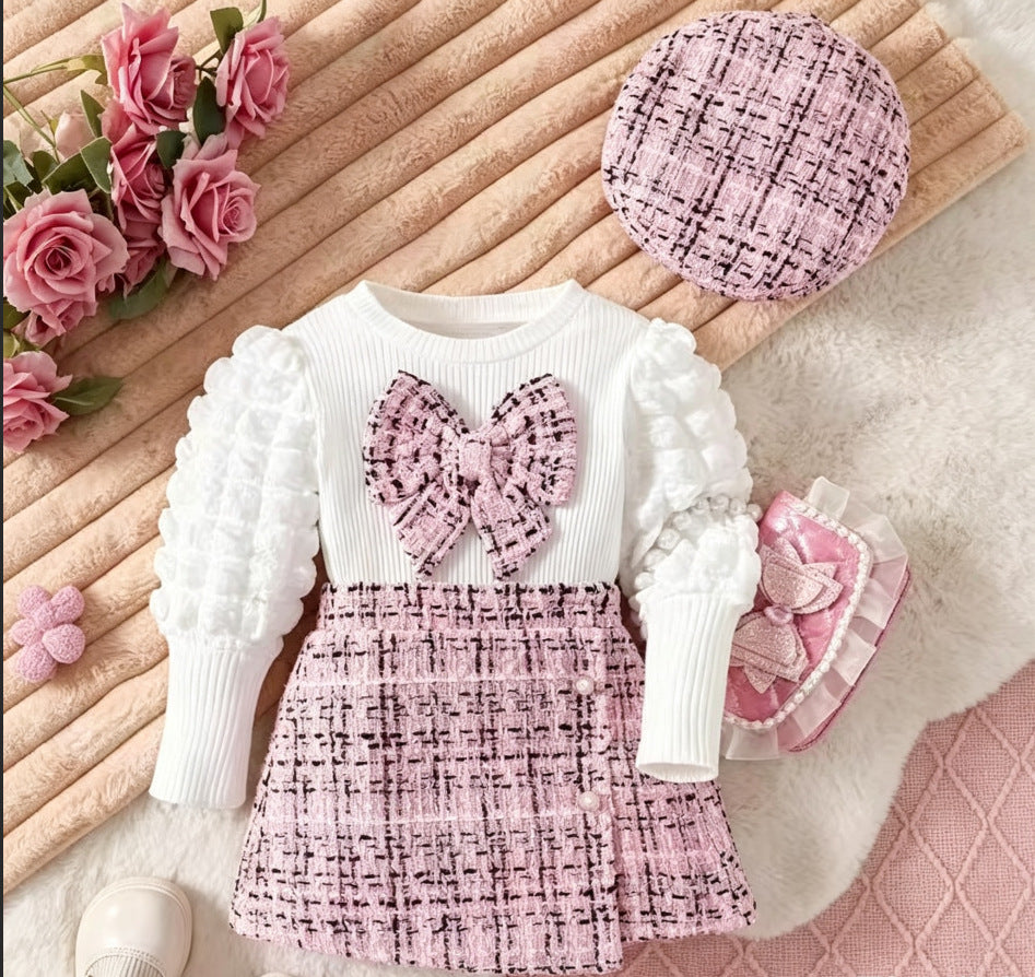 girls' chanel-inspired outfit: autumn/winter puff sleeve knit top, tweed skirt, and beret three-piece set
