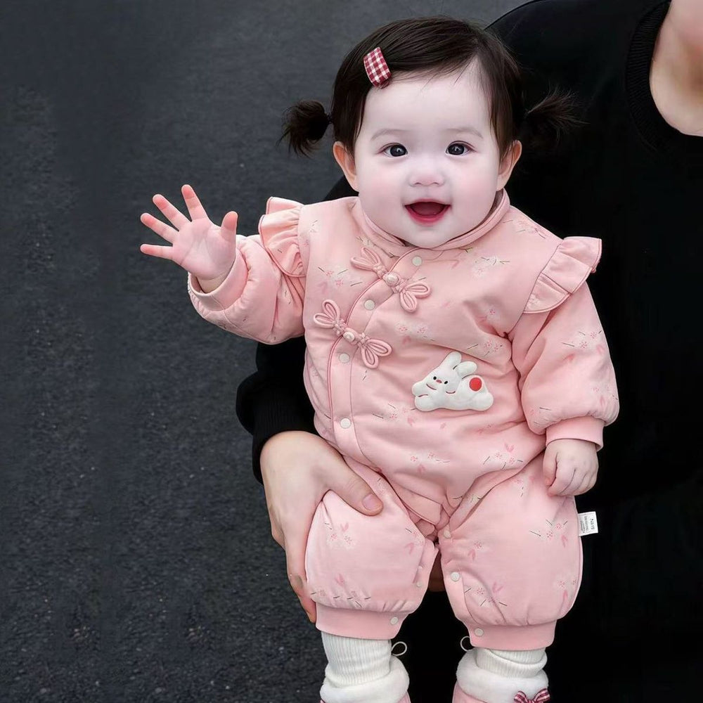 Winter baby romper fleece-lined bodysuit crawling suit cute super adorable bunny girl romper thickened warm onesie