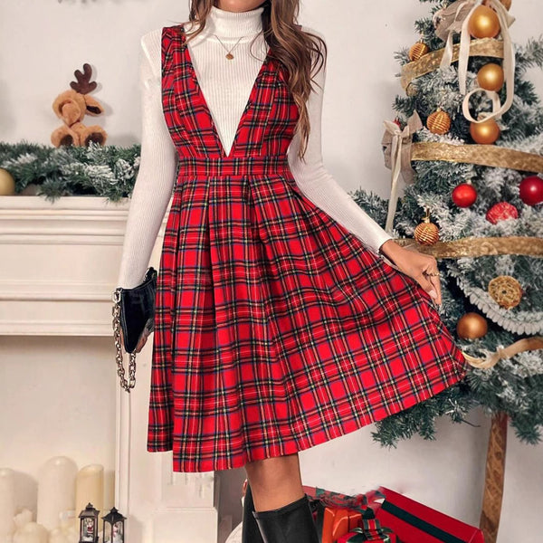 Privé Women's Casual Checked Suspender Mini Dress, Spring and Autumn