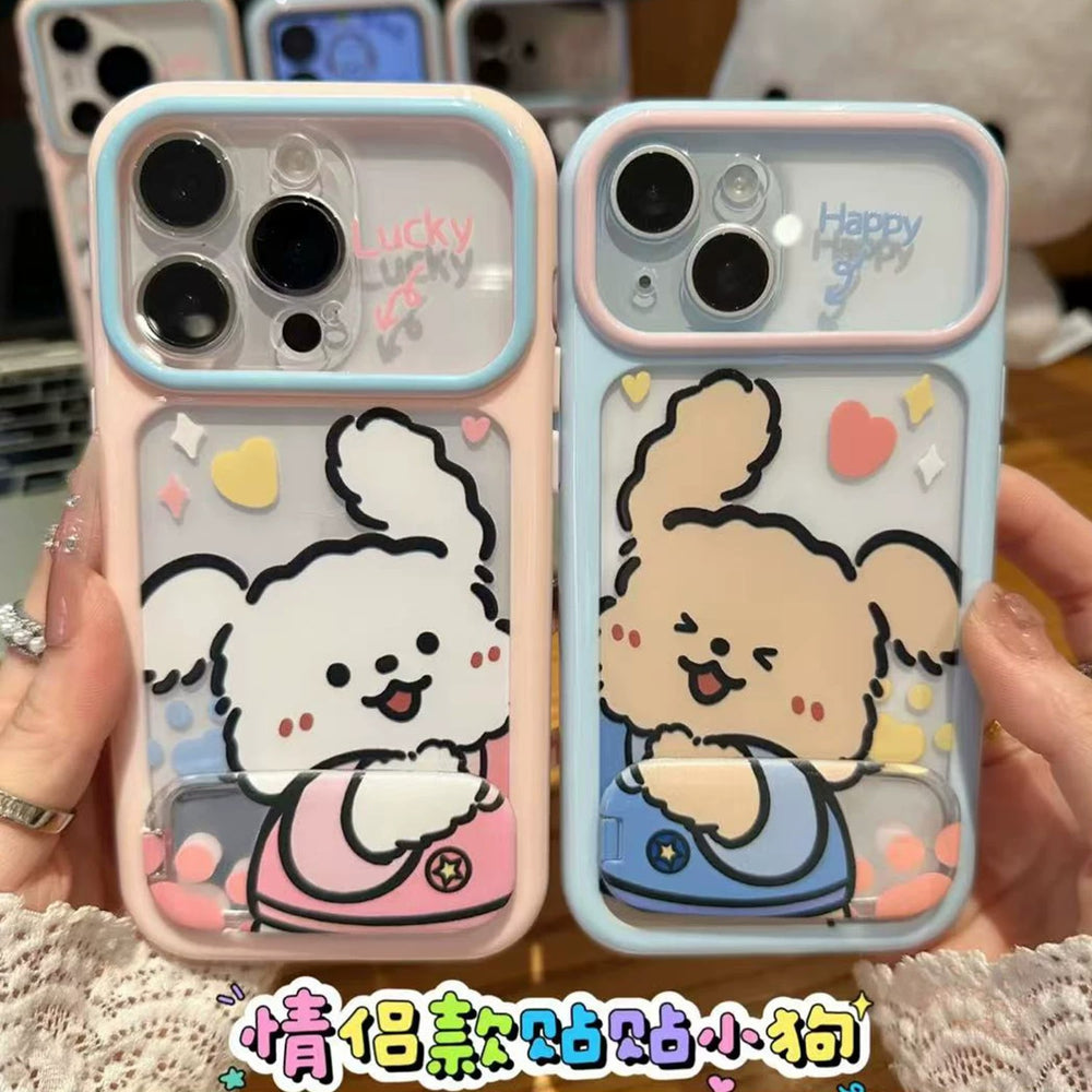 Suitable for apple 17 mobile phone case, soft and cute, healing, contrasting color frame, cartoon couple, puppy, heart, iphone18 hard case