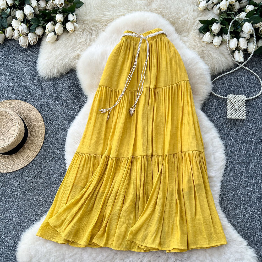 K-stylecasualhigh waisteasiest for match skirt for women summer gentle wind strap waist slimming look elegant large swing skirt