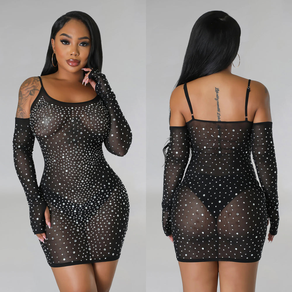 C6507   fashion women's solid color mesh rhinestone see-through suspender mini dress