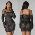 C6507   fashion women's solid color mesh rhinestone see-through suspender mini dress