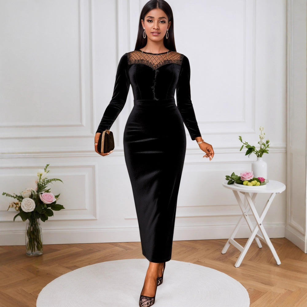 French round neck see-through velvet dress - sexy mesh panel long sleeve bodycon mini dress for evening events