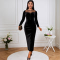 French round neck see-through velvet dress - sexy mesh panel long sleeve bodycon mini dress for evening events