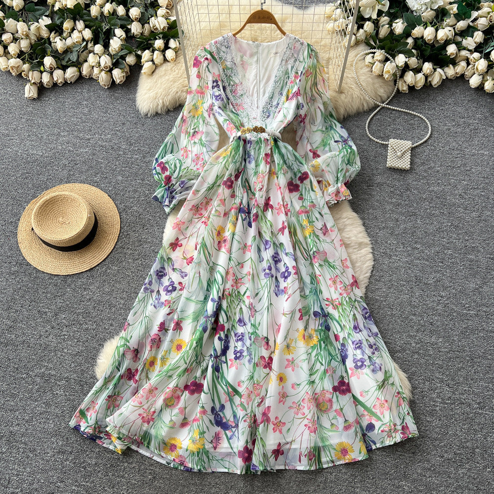 French chic print cutout dress - women's spring/summer v-neck lantern sleeve slimming midi dress