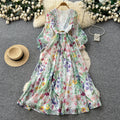 French chic print cutout dress - women's spring/summer v-neck lantern sleeve slimming midi dress